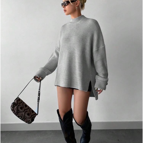 Cozy Mock High Neck Long Sleeve Slit Hi Low Hem Knit Sweater - Picture 12 of 13